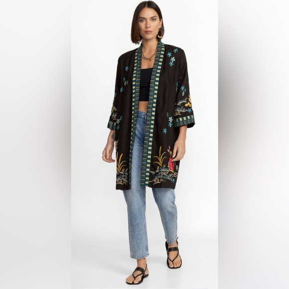 Johnny Was Celina Linen Kimono Coat Jacket Black Peacock Embroidered Size XL - Picture 10 of 11